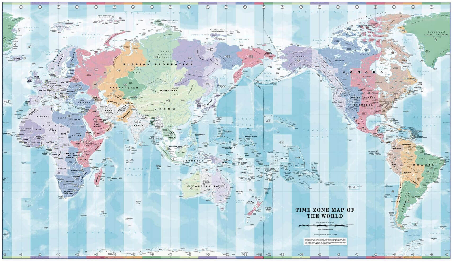 World and pacific centred time zone wall map