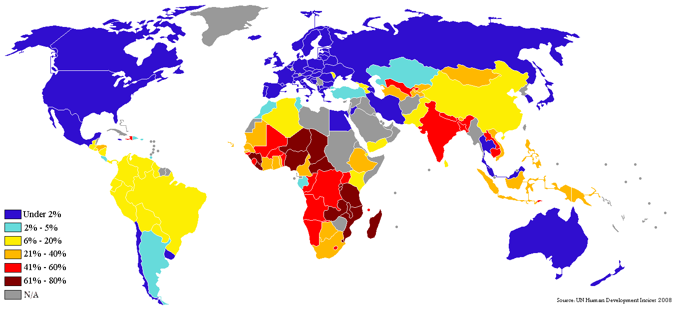 World Map Under 1 Dollar Living Population