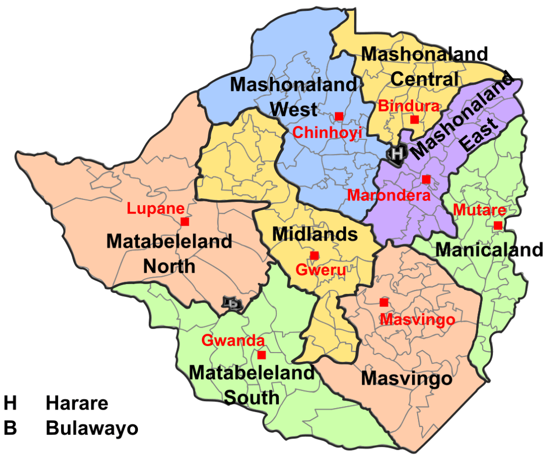 administrative divisions map of zimbabwe