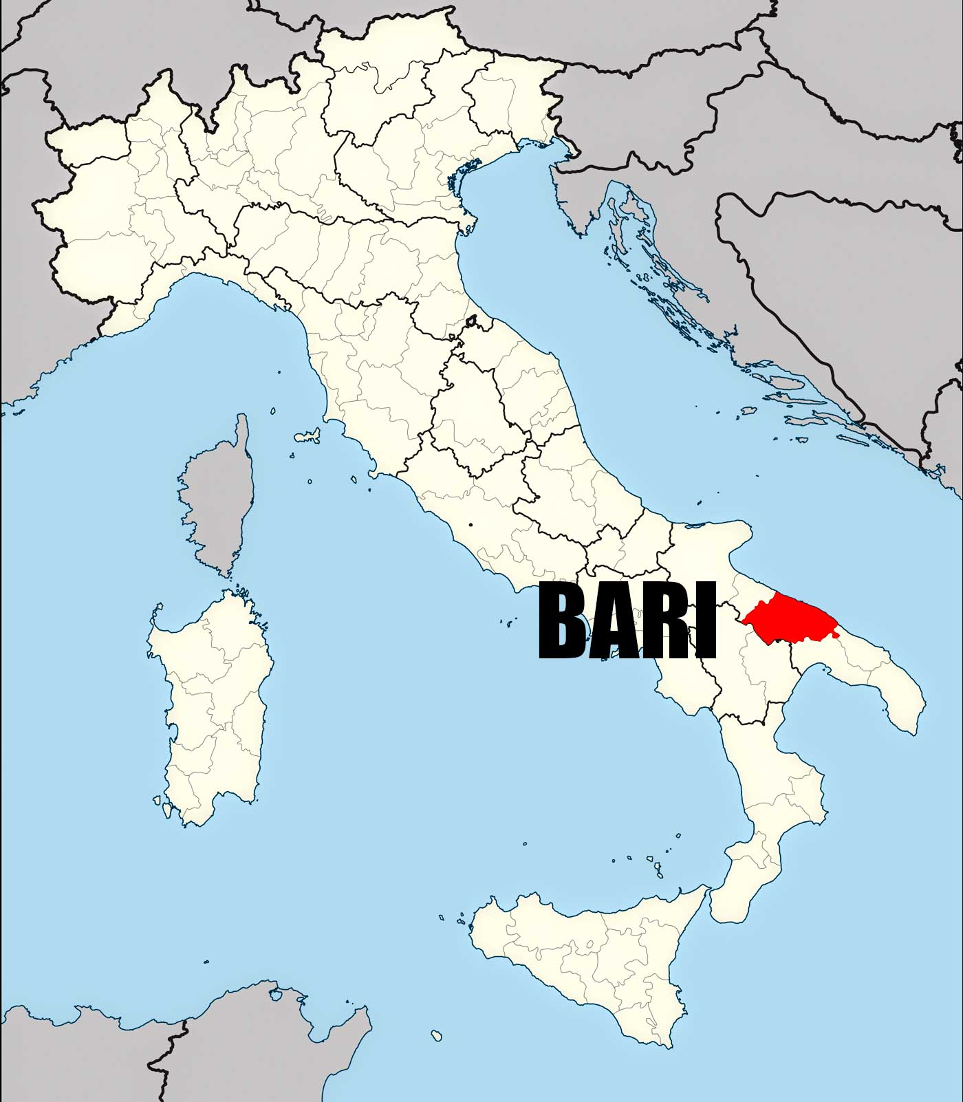 Location of Bari on Italy Map