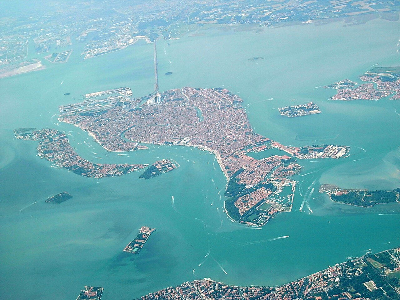 Aerial view of Venice and the Ponte della Libertà bridge