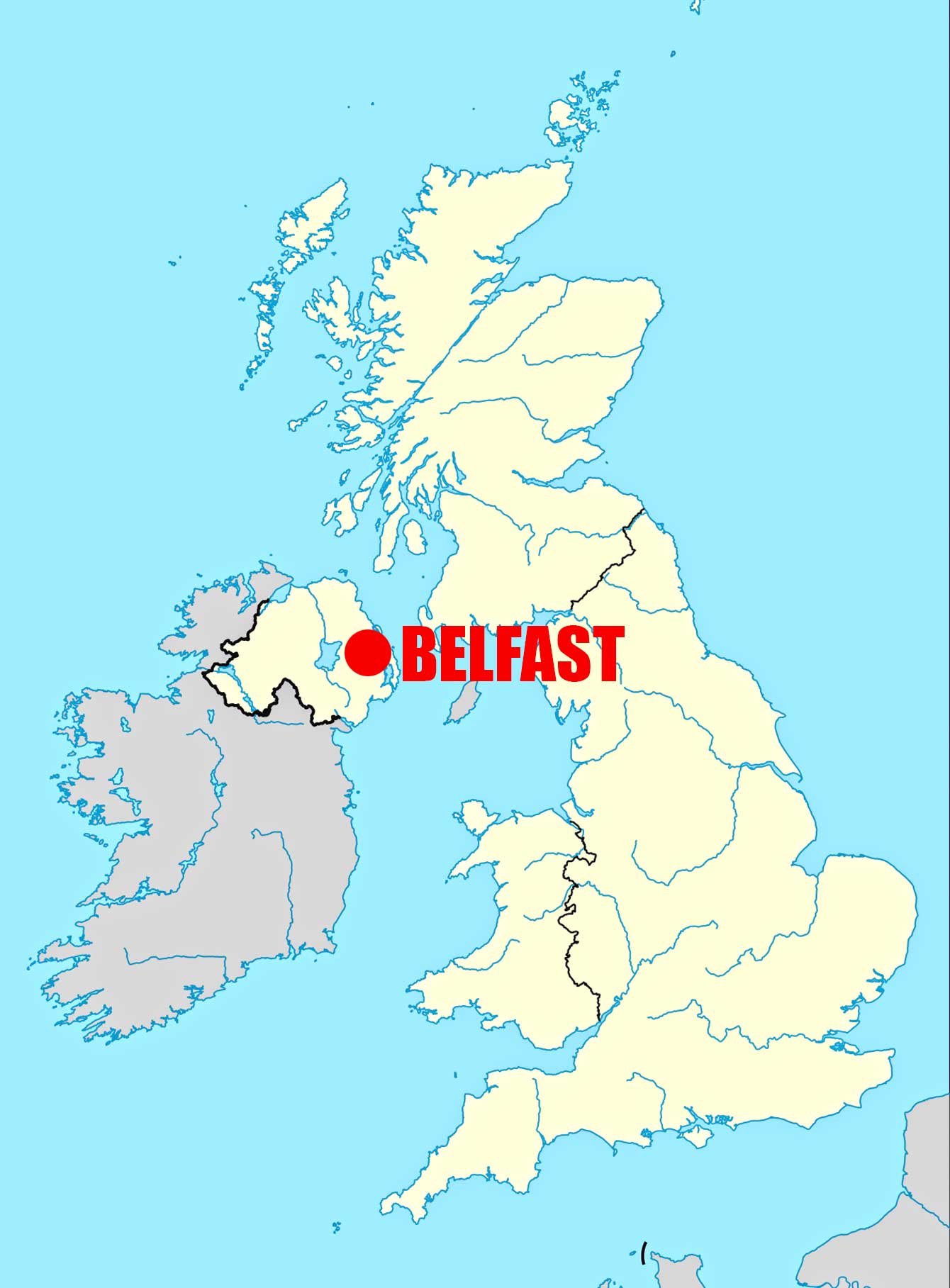Location of Belfast on United Kingdom and Ireland Map