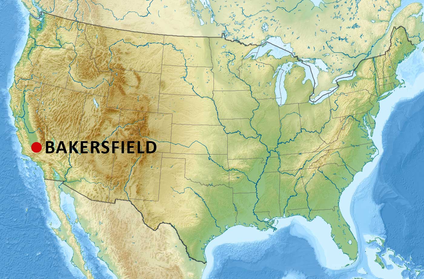 Location of Bakersfield on California US Map